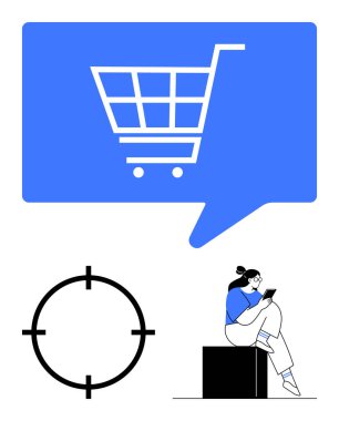 Mavi bir konuşma balonunda alışveriş arabası, bir hedef sembol ve tablet kullanan bir kadın. E-ticaret, çevrimiçi perakende, pazarlama, tüketici davranışı, reklamcılık, dijital pazarlama ve kullanıcı için ideal
