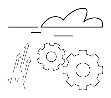 İki dişli bulut ve üç yukarı doğru ok teknolojik gelişmeyi, yeniliği ve verimliliği yansıtıyor. Dijital dönüşüm, bulut hizmetleri, iş büyümesi, verimlilik için ideal