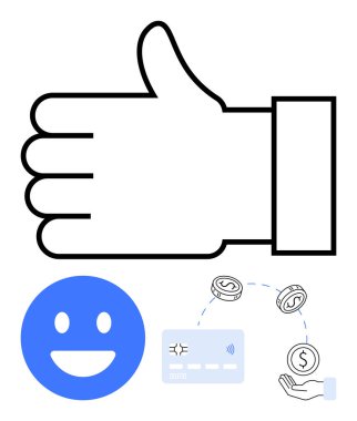 Onay için baş parmak, mutluluk için gülen yüz duygusu ve kredi kartı işleminin simgeleri. Ticari başarı, müşteri memnuniyeti, finans hizmetleri, olumlu geri bildirim, çevrimiçi