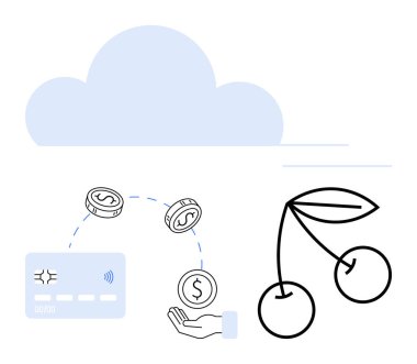 Kredi kartı, noktalı hat ve para içeren işlem sürecinin üstünde bulut var. Kirazlar yan tarafta. Dijital ödemeler, finans, çevrimiçi alışveriş, ödüller, nakit bulut depolama için ideal