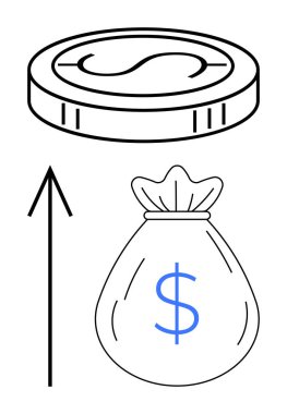 Yanında bir dolar işareti olan bozuk para ve para çantası ve yukarı doğru giden bir ok. Finansal büyüme, başarı, yatırım, kâr, tasarruf, ekonomik ilerleme konuları için idealdir. Satır metaforu