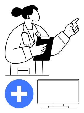 Tıbbi uzman elinde bir dosya tutuyor ve yukarıya bakıyor. Yanlarında da hastane çapraz işareti ve bilgisayar monitörü var. Sağlık hizmetleri, tıbbi hizmetler, tele sağlık, çevrimiçi istişareler için ideal