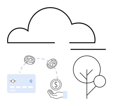 Bulut sembolü, bozuk paralı kredi kartı, el ve soyut ağaç çizgisi. Finans, dijital cüzdanlar, bulut hesaplama, çevrimiçi işlemler, yeşil teknoloji sürdürülebilirlik çevresi için ideal