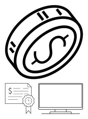 Bir dolarlık para, kurdeleli sertifika ve ekran. Finans, yatırım, eğitim sertifikası e-öğrenim dijital ekonomi multimedya için idealdir. Çizgi benzetmesi. Çizgi benzetmesi. Basit satır simgeleri