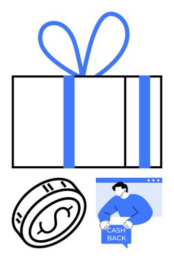 Gift box tied with blue ribbon, dollar coin, and man with Cash Back sign. Ideal for promotions, e-commerce, rewards programs, financial incentives, holiday sales, special offers customer loyalty clipart