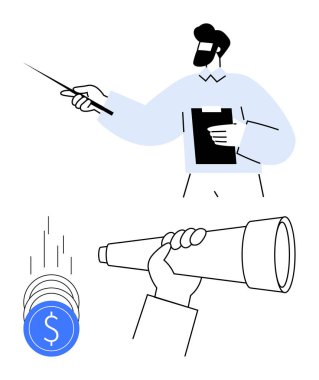 Adam pano tutuyor, sopayı doğrultuyor, teleskop tutuyor, bozuk paralar düşüyor. İş stratejisi, finansal planlama, hedef belirleme, yatırım, liderlik eğitimi için ideal. Çizgi