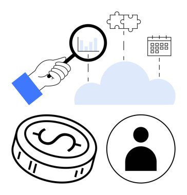 Veri analizini, stratejisini, zamanlamasını, bulut hesaplama ağını ve kullanıcısını temsil eden büyüteç inceleme grafiği, bulmaca parçaları, takvim, bulut, para, kullanıcı simgesi ile el ele