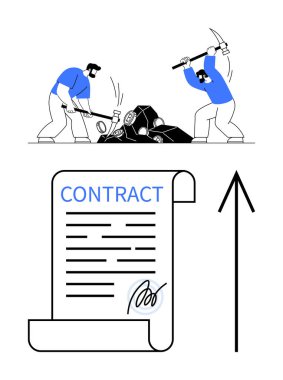 Workers using sledgehammers to break rocks, a signed contract document below with an upward arrow. Ideal for teamwork, hard work, business growth, contract agreements, business success, construction clipart