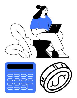 Taburede dizüstü bilgisayarı olan bir kadın dolar işareti olan büyük bir bozuk para ve hesap makinesi. Mali planlama, bütçe, muhasebe, yatırım, iş stratejisi, çevrimiçi bankacılık ve ekonomi için ideal