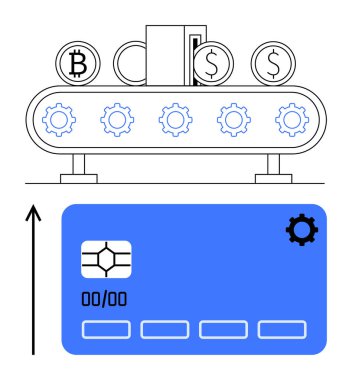 Şifreli para birimi sembolleri taşıyan taşıyıcı ödeme kartının tepesindeki dişlileri işleme koyuyor. Fintech, otomasyon, engelleme zinciri, dijital finans, ödeme sistemleri, teknoloji ve yenilik için ideal. Çizgi