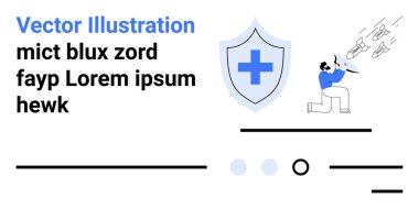 Haç sembollü kalkan, tehditleri savuşturan kişi, minimalist metin, ilerleme göstergeleri, savunma mekanizmaları. Siber güvenlik, veri koruması, çevrimiçi güvenlik, teknoloji, web güvenliği için ideal