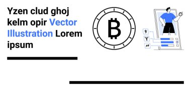 Bozuk paradaki Bitcoin sembolü, ekrandaki verilerle etkileşen insan, metin elementleri. Kripto para birimi, engelleme zinciri, dijital varlıklar, finans teknolojisi, çevrimiçi işlemler, yatırım, cep telefonu
