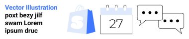 Beyaz logolu mavi alışveriş çantası, üzerinde 27 yazan bir takvim ve siyah noktalı iki sohbet balonu. E-ticaret, programlama, iletişim, perakende promosyonlar ve müşteri hizmetleri için ideal. İniş