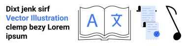 Çok dilli sembollü kitap, metin ve işaretli belge, müzik notası. Dil öğrenmek, eğitim, belgelendirme, yayıncılık, müzik üretimi, web tasarımı, öğretim materyalleri için ideal