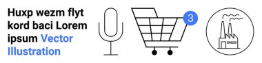 Mikrofon, tebligat ikonlu alışveriş arabası ve fabrika taslağı. Endüstri, ekonomi, alışveriş, e-ticaret, bildiriler, teknoloji, minimal tasarımlar için idealdir. İniş sayfası