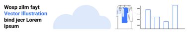 Askıda asılı duran mavi takım elbise, yükselen değerlere sahip bar grafiği ve bulut şeklinin yanındaki yer tutucu metin. İş, moda, veri analizi, sunum, alışveriş, e-ticaret bulutu için ideal