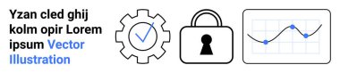 Vites tekerleğindeki mavi işaret, kilit simgesi, ve ızgara ve veri noktalarıyla bir çizgi çizelgesi. Güvenlik, doğrulama, veri analizi, mahremiyet ve teknoloji koruma konuları için ideal. İniş