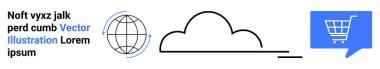 Küre, bulut, alışveriş arabası ikonu ve küresel bağlantı, e-ticaret ve bulut tabanlı hizmetlere odaklanan metin elemanları. İnternet çözümleri, bulut hesaplama, çevrimiçi alışveriş ve dijital için ideal