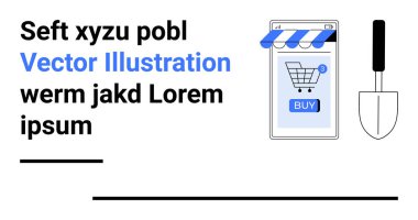 Vitrindeki tenteli ve alışveriş arabası ikonlu akıllı telefon, satın alma düğmesi, malanın yanında. E-ticaret, mobil uygulamalar, çevrimiçi mağazalar, dijital pazarlama, alışveriş platformları, UIUX, iş dünyası için ideal