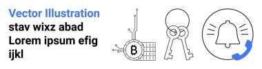 Üç simge Bitcoin maden makinesi, iki anahtar, telefon sembollü zil ve yanında da yer tutucu metin. Fintech, güvenlik, iletişim, uygulama tasarımı, engelleme zinciri, teknoloji için ideal