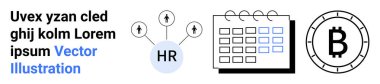 Bağlantılı insanlarla insan kaynakları simgesi, ızgaralı takvim, bozuk para sembolü. İK, kripto para birimi, programlama, işletme yönetimi, finans, dijital para birimi ve blok zinciri kavramları için ideal. İniş