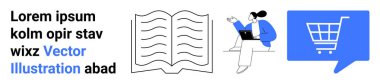 Lorem Ipsum yer tutucu metni. Ögeler metni, açık kitap, dizüstü bilgisayarı olan kişi, alışveriş arabası ikonu, mavi konuşma balonu. Ecommerce, eğitim, içerik oluşturma, dijital pazarlama, çevrimiçi mağazalar için ideal