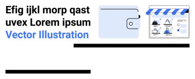 Çevrimiçi bir mağaza arayüzünün yanında dijital cüzdan simgesi. E-ticaret, çevrimiçi alışveriş, mali yönetim, dijital ödemeler, bankacılık, sanal pazarlar, ticari işlemler için ideal