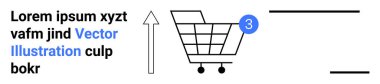Üç öğe göstergesi olan alışveriş arabası yukarı bakan ok ve yer tutucu lorem ipsum metni. E-ticaret, çevrimiçi alışveriş, dijital pazar yerleri, perakende satış siteleri, araba bildirimleri için ideal