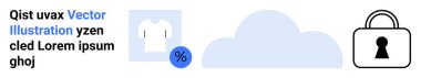 İndirimli tişört, bulutları temsil eden depo, güvenliği simgeleyen kilit. E-ticaret, çevrimiçi mağaza yönetimi, veri depolama, siber güvenlik, bulut çözümleri, moda perakendecisi için ideal