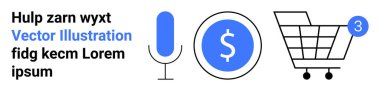 Mikrofon, dolar sembolü ve temalı alışveriş arabası modern e-ticaret temalarını temsil ediyor. Dijital alışveriş, çevrimiçi işlemler, ses komutları, müşteri hizmetleri, finansal uygulamalar için ideal