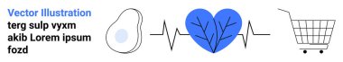 Avokado, kalbe dallarla ve alışveriş arabasıyla bağlanan kalp atışı. Sağlık, sağlık, zindelik, beslenme, sağlık, yaşam tarzı ve e-ticaret için ideal. İniş sayfası için pankart