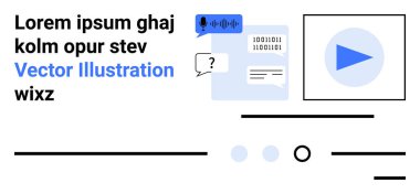 Metin blokları, konuşma baloncukları, sohbet mesajları, ses simgeleri, çalma düğmesi ve yatay satırlar. İniş sayfası, iletişim, medya, modern tasarım, kullanıcı arayüzü, vektör grafikleri ve dijital için ideal