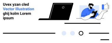 Laptop, tablet kullanan profesyonel, iyi niyetli jest, siyah-mavi metin. İş, teknoloji, profesyonel kullanım, uzaktan çalışma, iletişim ve verimlilik için ideal. İniş sayfası