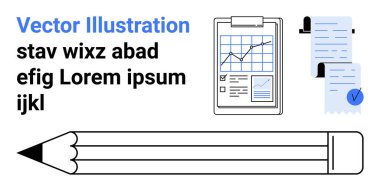 Grafik ve listeli pano, işaretli belgeler ve büyük kalem. Proje yönetimi, iş analizleri, ofis eğitimi, evrak işleme ve eğitim içeriği için ideal