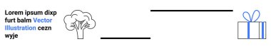 Ağaç ve hediye kutusu, yer tutucu metni ile siyah çizgilerle bağlanmış. İletişim, büyüme, bağlantı, doğa, hediyeler, yaratıcılık, kavramlar için idealdir. İniş sayfası