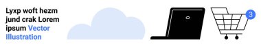 Laptop, bildiri rozetli alışveriş arabası ve bulut sembolü. Çevrimiçi alışveriş, e-ticaret, dijital işlemler, bulut depolama, web sitesi afişleri, mobil uygulamalar ve iniş sayfaları için ideal