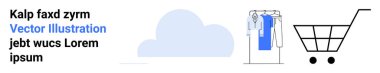 Bulut grafiği, askıya asılı kıyafetler, alışveriş arabası taslağı. E-ticaret, online alışveriş, dijital depolama, moda perakendecisi, bulut hizmetleri iş çözümleri web tasarımı için ideal. İniş sayfası