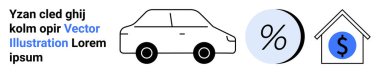 Araba, yüzde işareti mavi daire ve dolar işareti olan ev. Finansal planlama, krediler, ipotekler, otomobil finansmanı, gayrimenkul, tasarruflar, yatırım için ideal. İniş sayfası