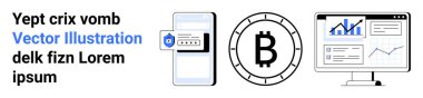 Güvenli giriş, Bitcoin sembolü ve veri analiz paneli olan cep telefonu. Finansal teknoloji, kripto para birimi, dijital güvenlik, engelleme zinciri, veri analizi, fintech girişimleri için ideal