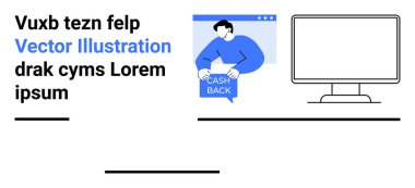 Bir web sitesinde, elinde nakit karşılığı konuşma balonu tutan bir adamın yanındaki mavi ve siyah metin, bir bilgisayar monitörü. E-ticaret, pazarlama, finans, kullanıcı arayüzü, web tasarımı, reklamcılık, sunum için ideal