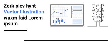 Çubuk ve çizgi grafiği, trafik ışığı ve mavi ve siyah yer tutucu metni olan bir iş paneli. Veri görselleştirme, iş analizi, trafik yönetimi, sunum şablonları, web için ideal