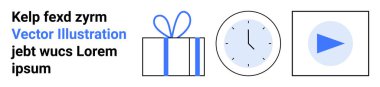 Mavi fiyonklu hediye kutusu, saati gösteren saat, ve mavi daireli oyun düğmesi. Zaman yönetimi, hediye verme, multimedya, kutlamalar, teslim tarihleri çevrimiçi içerik için ideal. İniş sayfası