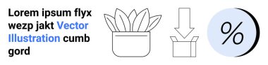 Metin cümlesi, saksı bitkisi, aşağı doğru ok ve büyük yüzdelik sembol. Bahçıvanlık ipuçları, nakliye talimatları, indirimler, terfiler, bilgi unsurları, eğitim malzemeleri için ideal