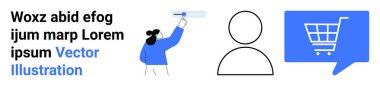 Mavi ve beyaz renk düzeni. İnsan figürü resim metni, kullanıcı simgesi, el arabası ile sohbet balonu. Web siteleri için ideal yaratıcılık, sanat, e-ticaret, iletişim, tasarım, kullanıcı arayüzü