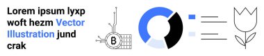 Bitcoin çipi, pasta grafiği, lale sembolü ve örnek metin. Fintech, finans, kripto para birimi, teknoloji, iş büyümesi, analitik, dijital para birimi için ideal. İniş sayfası