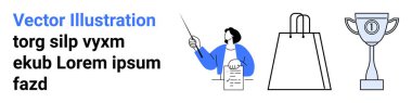 İşaretçi, pano, alışveriş torbası ve kupayla sunum yapan bir adam. İş eğitimi, perakende promosyonlar, koçluk başarısı, eğitim, e-ticaret, başarı tanınması için ideal
