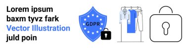 Solda Lorem ipsum metni, GDPR etiketli kalkan simgesi ve ortada kilit, elbise askısı ve sağda asma kilit simgesi. Veri koruması, gizlilik politikası, güvenlik protokolleri, kimlik için ideal