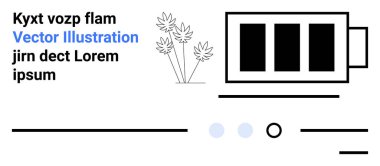 Şekillendirilmiş metin, siyah pil ikonu, bitkilerin üç siyah çizgisi, tasarım çizgileri ve şekiller. Modern tasarımlar, teknoloji temaları, web arayüzleri, minimalizm, çiçek unsurları, soyut sanat için ideal