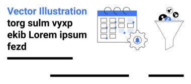Dişli sembollü takvim, zıplayan toplarla huni ve yer tutucu metin. Proje yönetimi, veri filtreleme, iş akışı optimizasyonu, zamanlaması, süreç otomasyonu, üretkenlik araçları için ideal