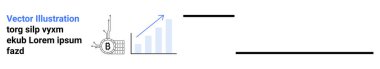 Bitcoin maden teçhizatı, yukarı doğru ok ile mavi bar grafik, rastgele metin. Finans, yatırım, kripto para birimi, blok zinciri, veri analizi, fintech, teknoloji için ideal. İniş sayfası